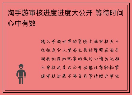 淘手游审核进度进度大公开 等待时间心中有数